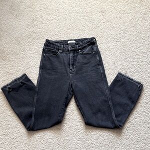 Good American Black High-Rise Straight-Leg Jeans with Frayed Hem